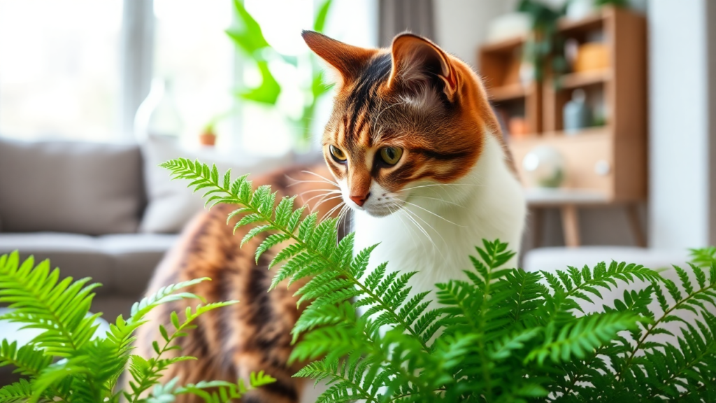 A curious cat sniffing a fern in a bright living room.