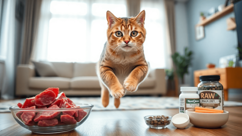 A playful, energetic cat leaping across a sunlit room with a shiny coat and bright eyes.