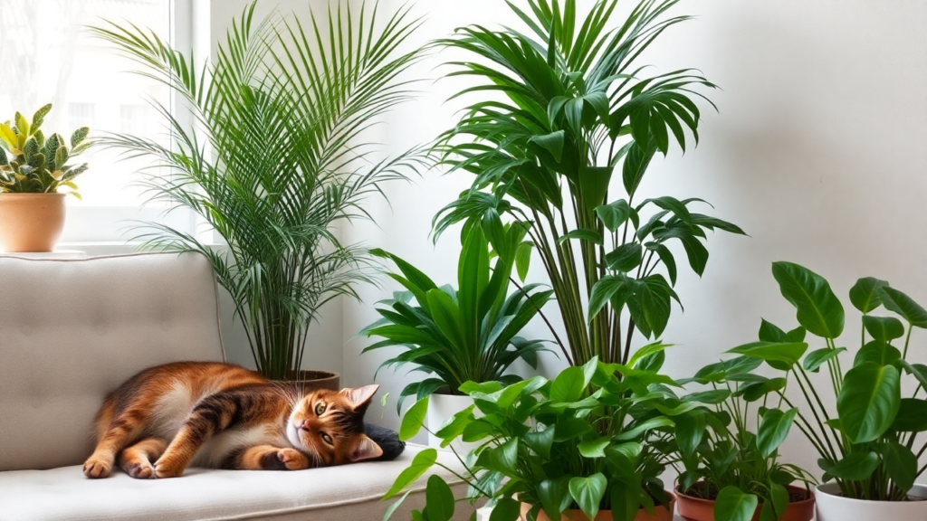 A serene living room with a relaxed cat beside a parlor palm and other air-purifying houseplants.