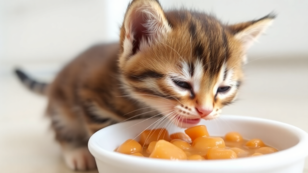 A young kitten licking wet food from a small dish, its whiskers slightly messy, emphasizing hydration benefits.