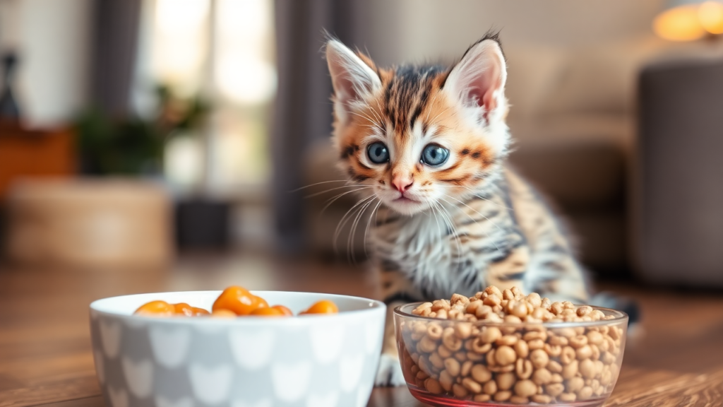 A healthy and playful kitten sitting near two bowls of food, one containing wet food and the other dry kibble, in a cozy indoor setting.