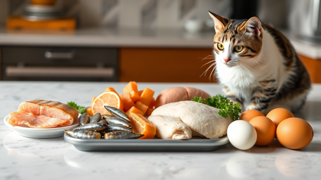 Natural food sources for cats including salmon, sardines, chicken, and eggs.