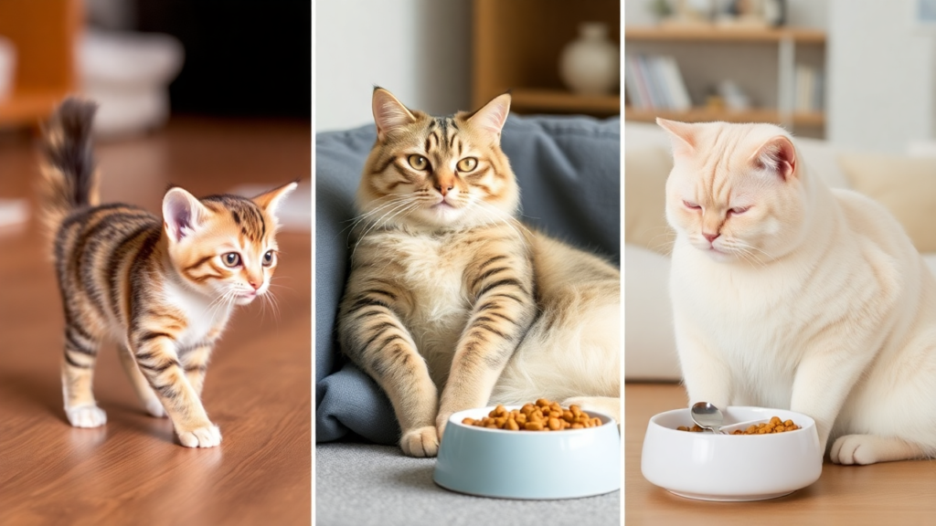 Three cats in different scenarios: a kitten playing, an active cat exploring, and a senior cat lounging near a food bowl.