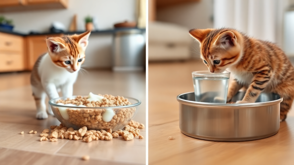 A split-image showing incorrect feeding practices on the left and correct kitten feeding methods on the right.