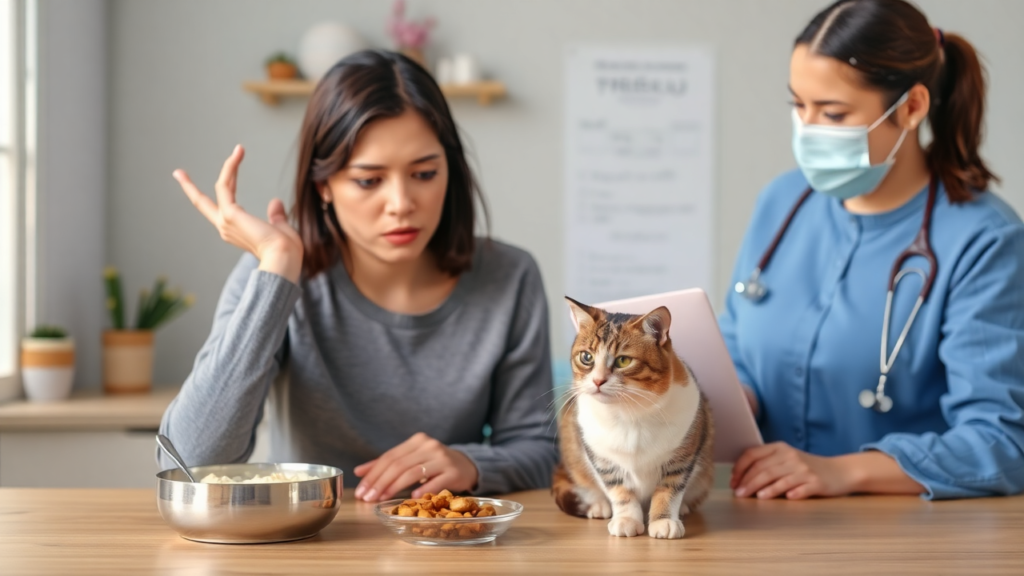 A vet examining a cat to check its health after switching to homemade food.