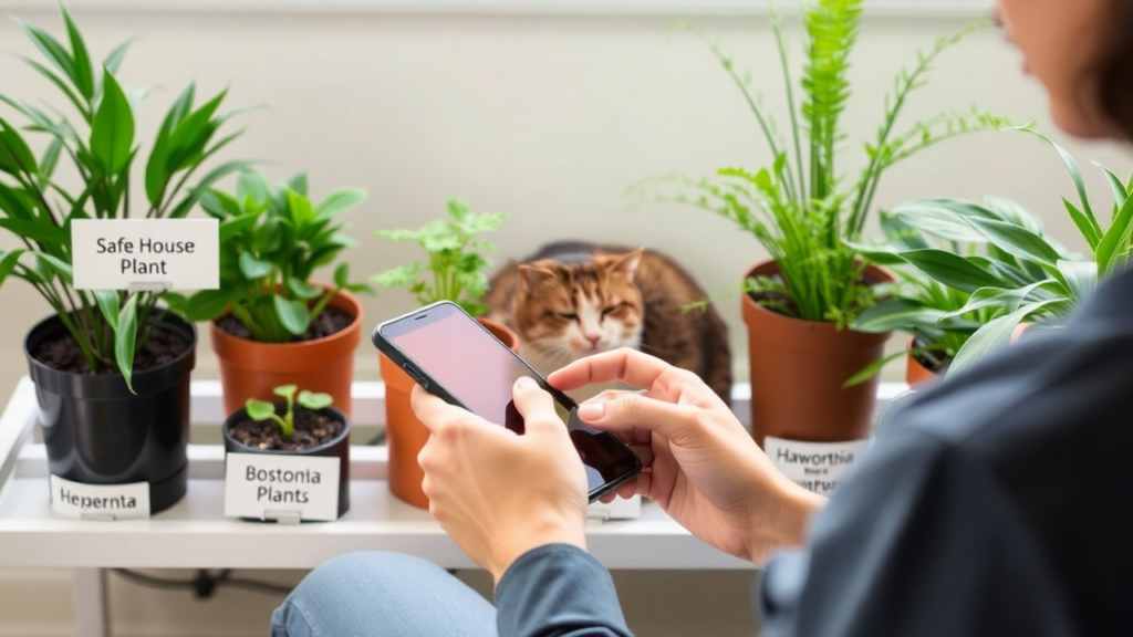 A person researching cat-safe houseplants with labeled pots and a relaxed cat in the background.