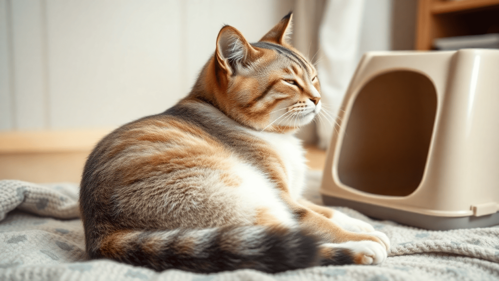 A relaxed tabby cat sitting near a litter box, benefiting from sensitive stomach cat food for better digestion.