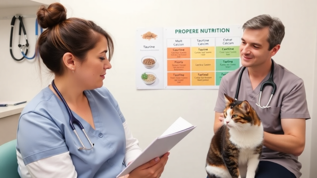 A vet discussing a cat’s dietary needs with its owner in a clinical setting.