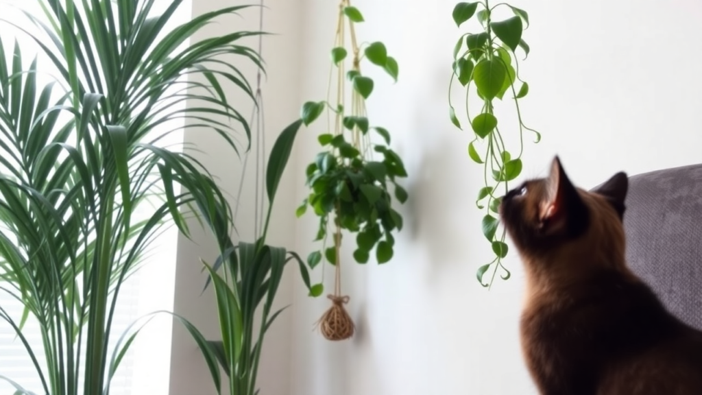 Indoor corner garden with elevated cat-safe plants like prayer plants and parlor palms.