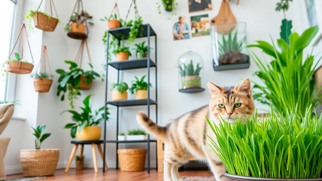 A stylish indoor garden with hanging baskets and cat-safe plants, while a cat plays with cat grass.