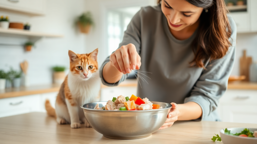 A pet owner preparing DIY cat food in a clean kitchen while their cat watches.