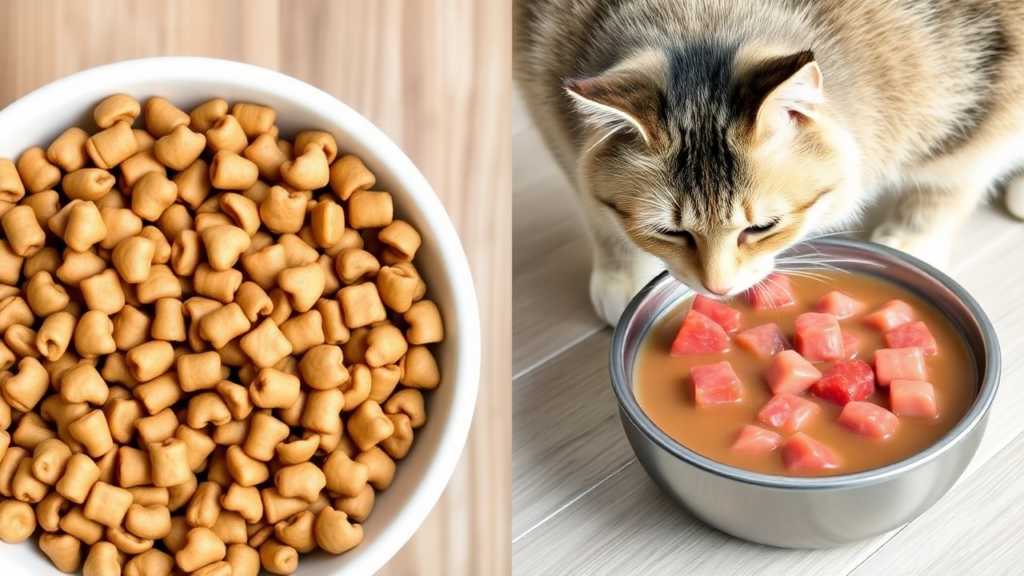 A split-screen comparison of dry kibble and wet cat food with visible chunks of meat, showing a cat sniffing both.