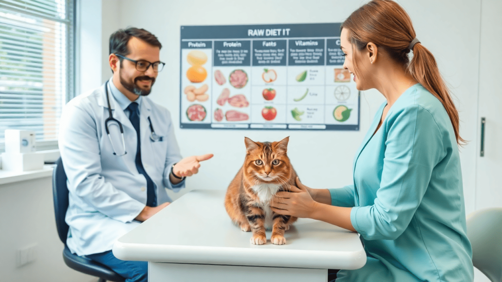 A veterinarian consulting with a cat owner about a raw diet plan, with a nutritional chart showing proteins, fats, vitamins, and calcium in the background. A healthy cat sits on the examination table.