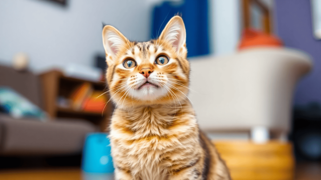 A bright-eyed, energetic cat sitting contently in a cozy indoor space.