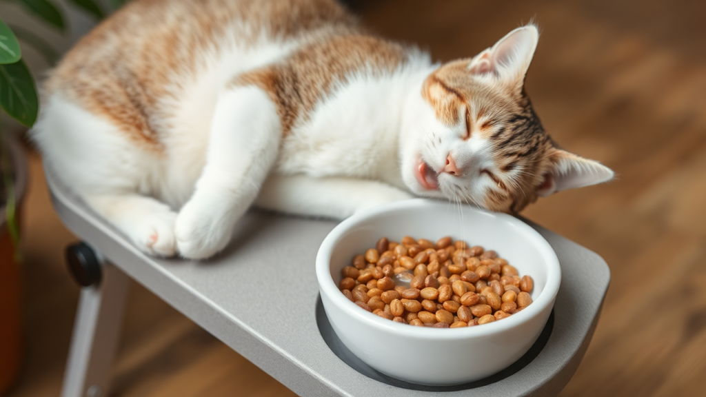 A relaxed cat enjoying a homemade meal in an elevated feeding bowl.