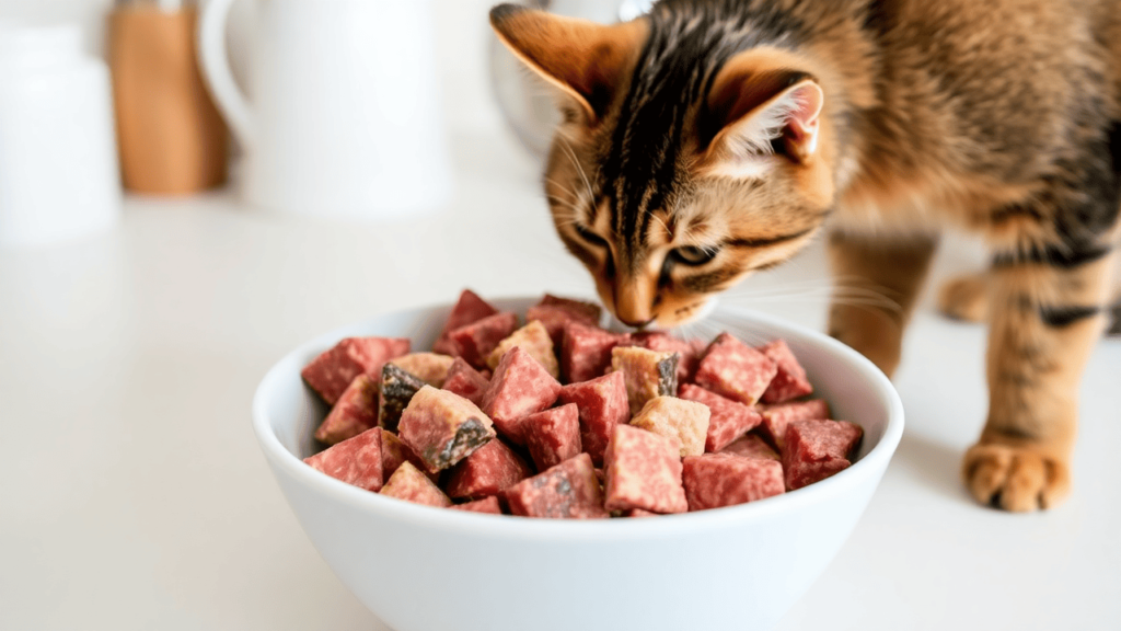 A bowl of rehydrated freeze-dried raw cat food with visible chunks of real meat, ready for a curious cat.