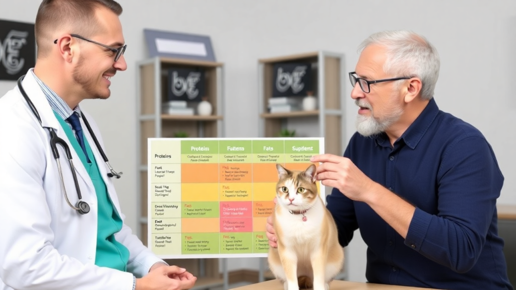 A veterinarian explaining a balanced diet chart to a cat owner.