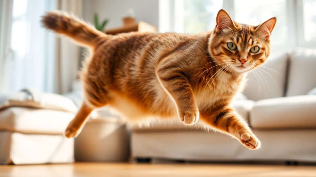 Senior cat playing indoors, showing good joint health.