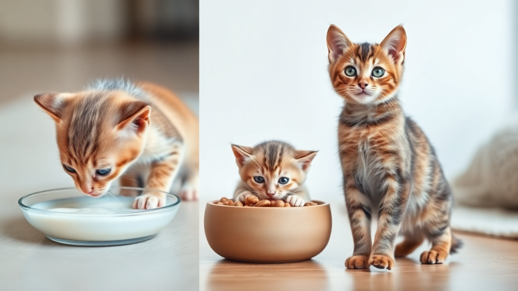 A timeline of a kitten’s growth from 4 weeks to 6 months, showing changes in diet and appearance.