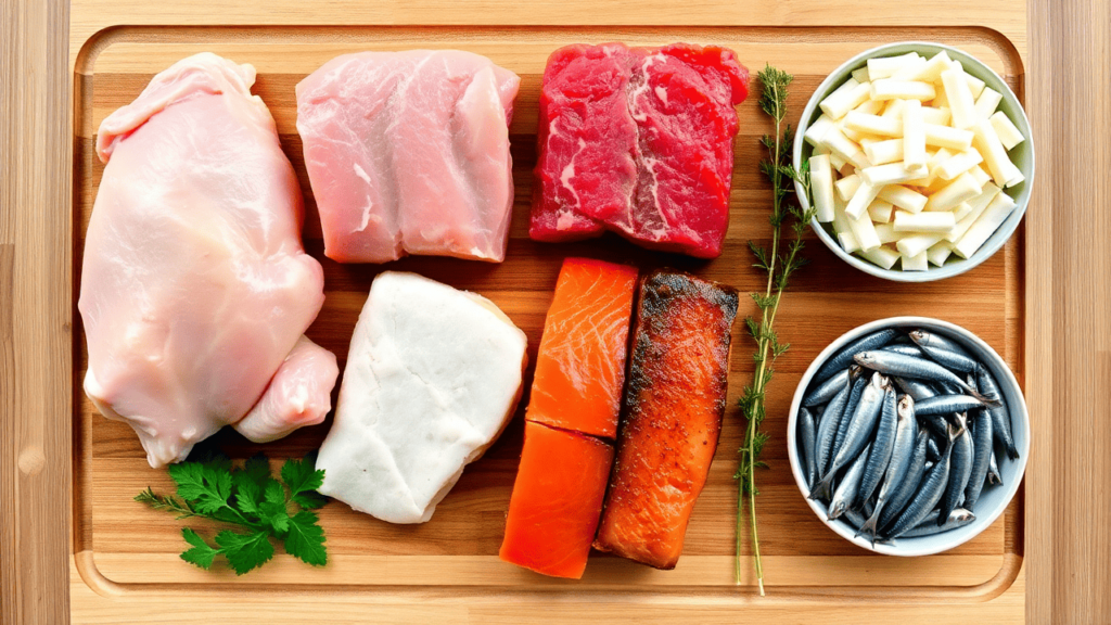 Fresh, raw chicken, beef, salmon, and sardines neatly arranged on a wooden cutting board.