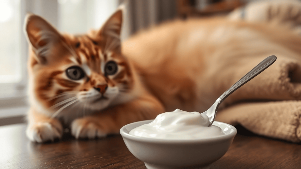 A spoonful of plain Greek yogurt in a dish with a cat nearby, curious but hesitant.