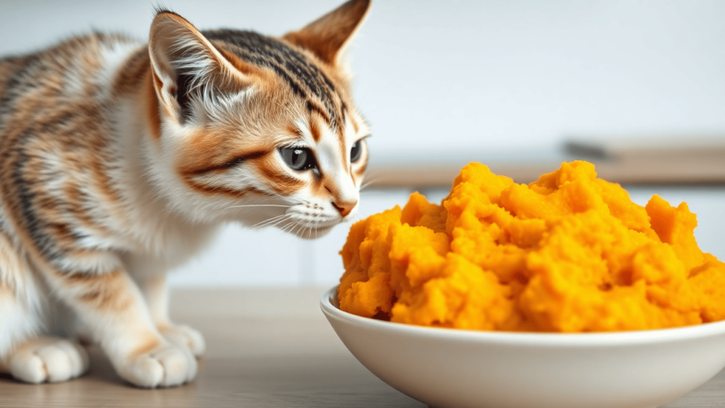 A bowl of mashed pumpkin next to a cat sniffing it, showcasing a natural remedy for digestion.