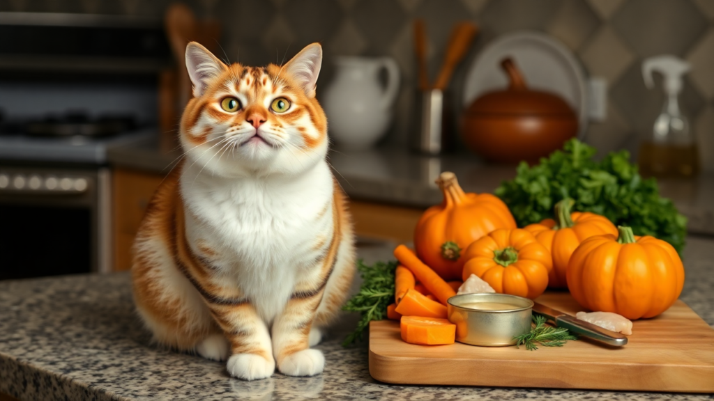 A cat sitting on a kitchen counter next to fresh ingredients like chicken and vegetables.