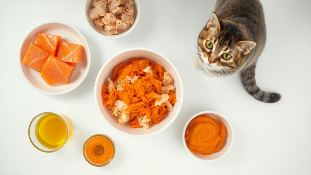 Homemade cat food with salmon, chicken, fish oil, and pumpkin.