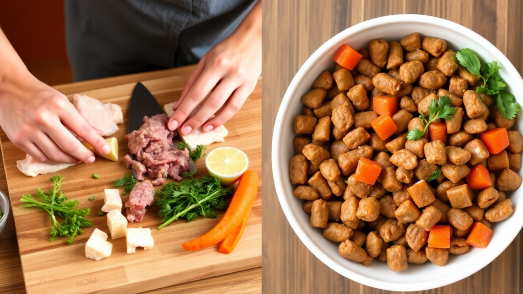 A pet owner chopping fresh chicken and vegetables for homemade cat food.