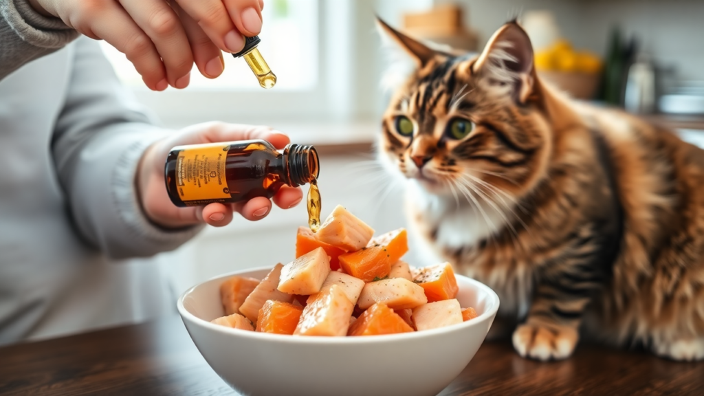 Cat owner adding fish oil to a bowl of cat food.