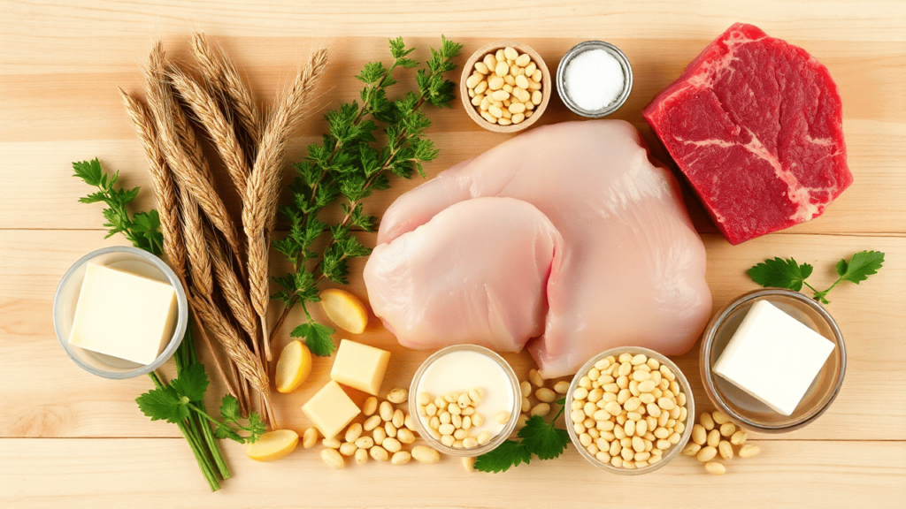 Raw chicken, beef, dairy, wheat, corn, and soy displayed on a wooden surface.