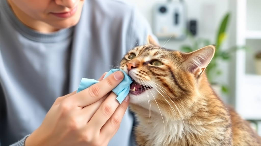 A pet owner wiping a cat’s mouth, showing the first step in removing aloe vera residue after ingestion.