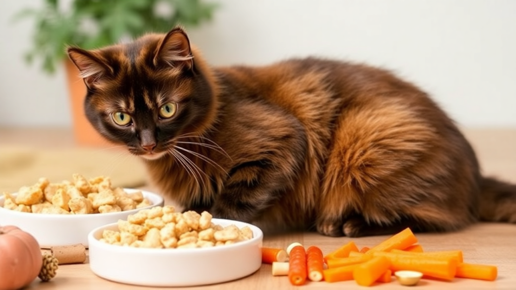 A display of different proteins, vegetables, and healthy fats for homemade cat meals.