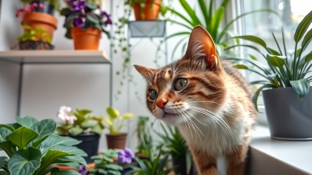 A curious cat exploring a cat-safe indoor garden with spider plants and African violets.