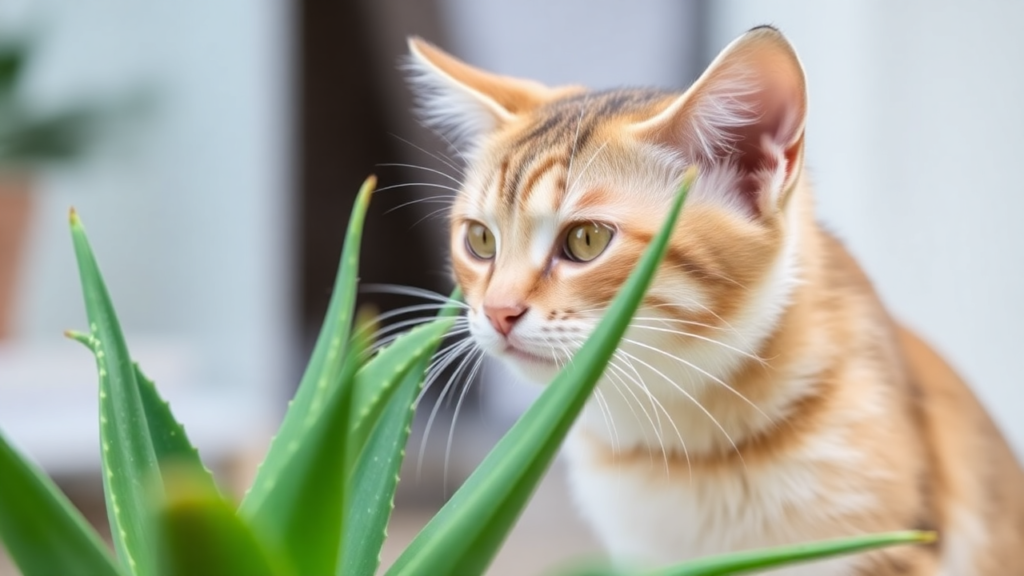 A curious cat sniffs a cactus indoors, symbolizing the potential danger of houseplants that are toxic to cats. The question here is aloe vera toxic to cats