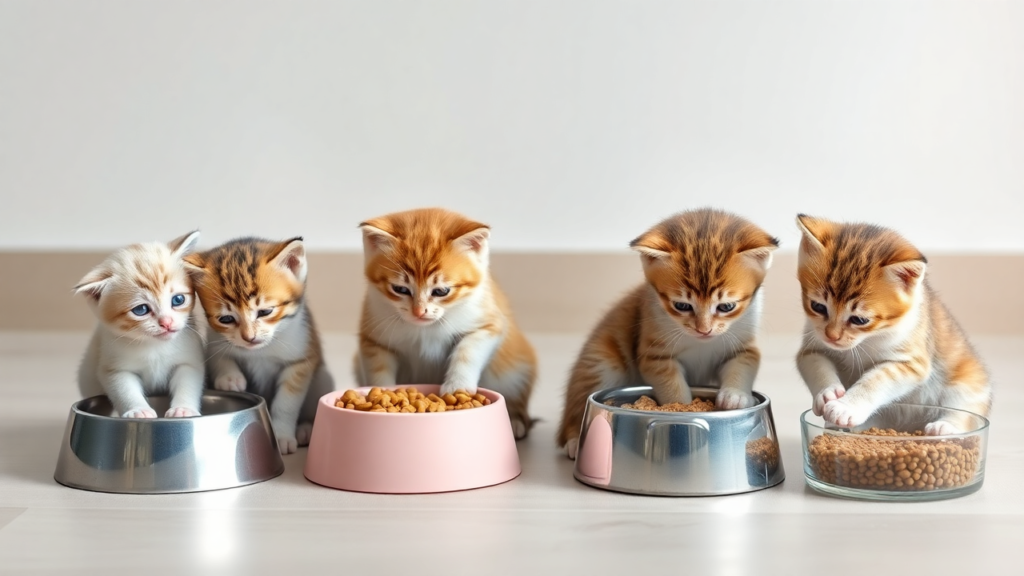 A visual timeline showing a kitten's feeding schedule from newborn to 12 months, with portion sizes and food types.