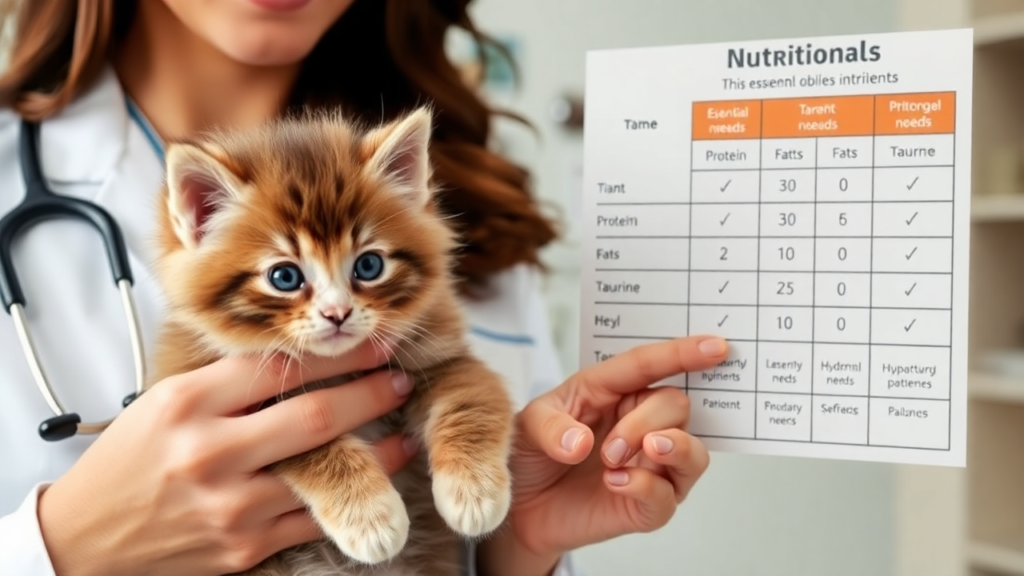 A veterinarian holding a fluffy kitten while pointing at a nutritional chart displaying essential nutrients for kittens.