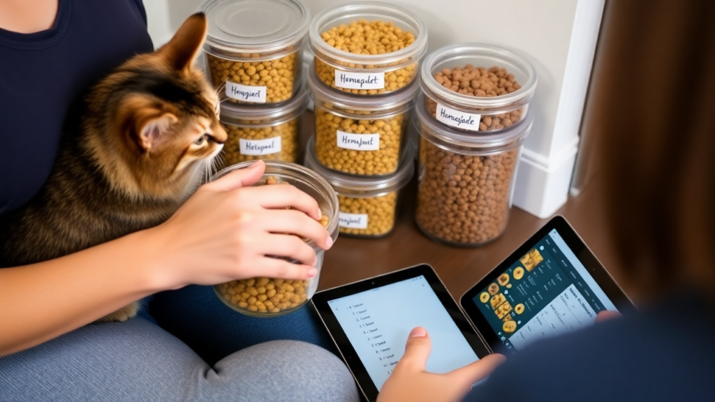 A pet owner meal-prepping homemade cat food with a feeding schedule on a tablet.