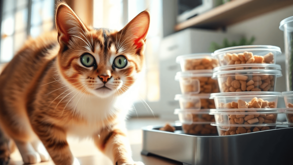 A healthy, energetic cat with a shiny coat playing in a sunlit home, with neatly stored portions of raw cat food visible in airtight containers.