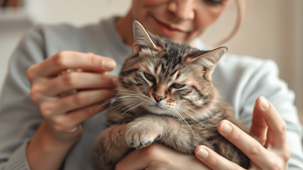 A pet owner holding a sick cat, showing concern for its health.