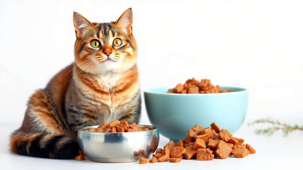 A happy, healthy domestic cat sitting beside a bowl of nutritious, protein-rich wet food on a clean, minimalistic surface.