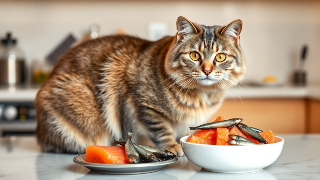 Healthy cat with shiny coat beside a bowl of salmon and sardines.