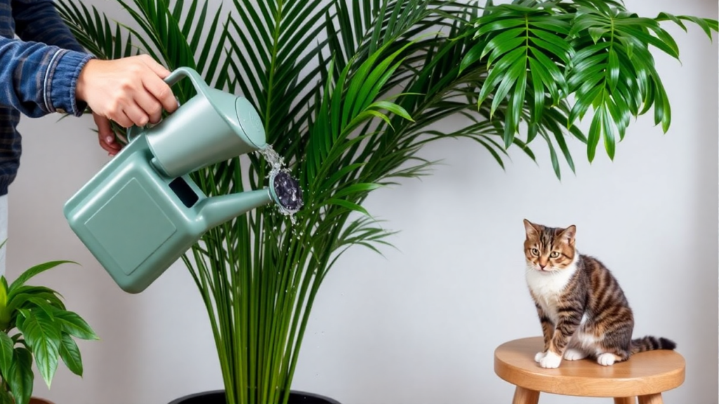 A person watering a parlor palm while inspecting the leaves for pests, with a cat nearby.