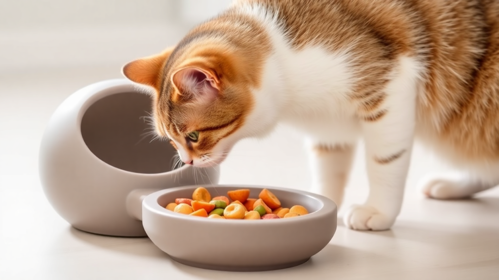 A cat using a puzzle feeder, actively engaged in finding its food with a curious expression.