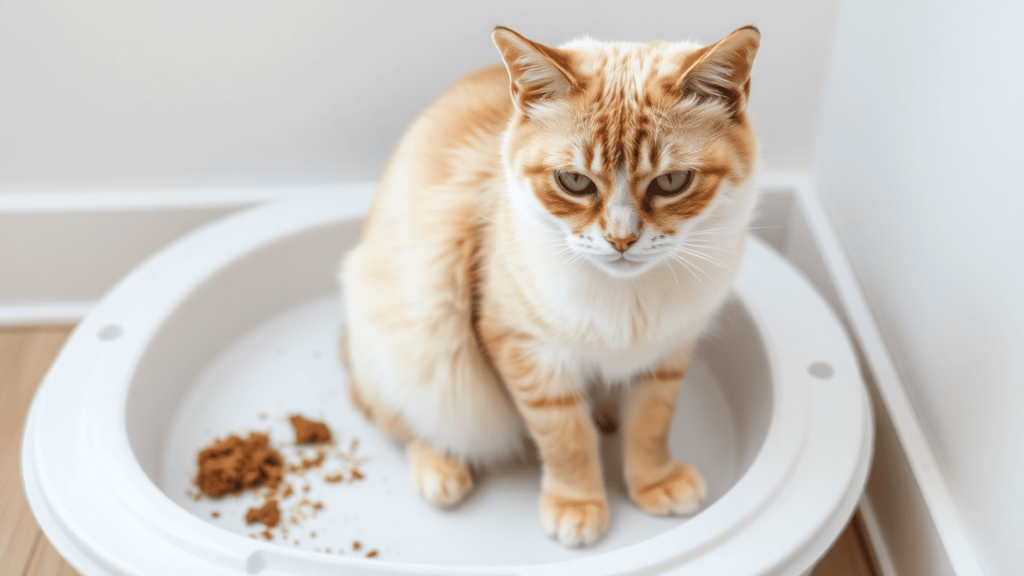 A cat sitting in a litter box with signs of diarrhea, appearing uncomfortable.