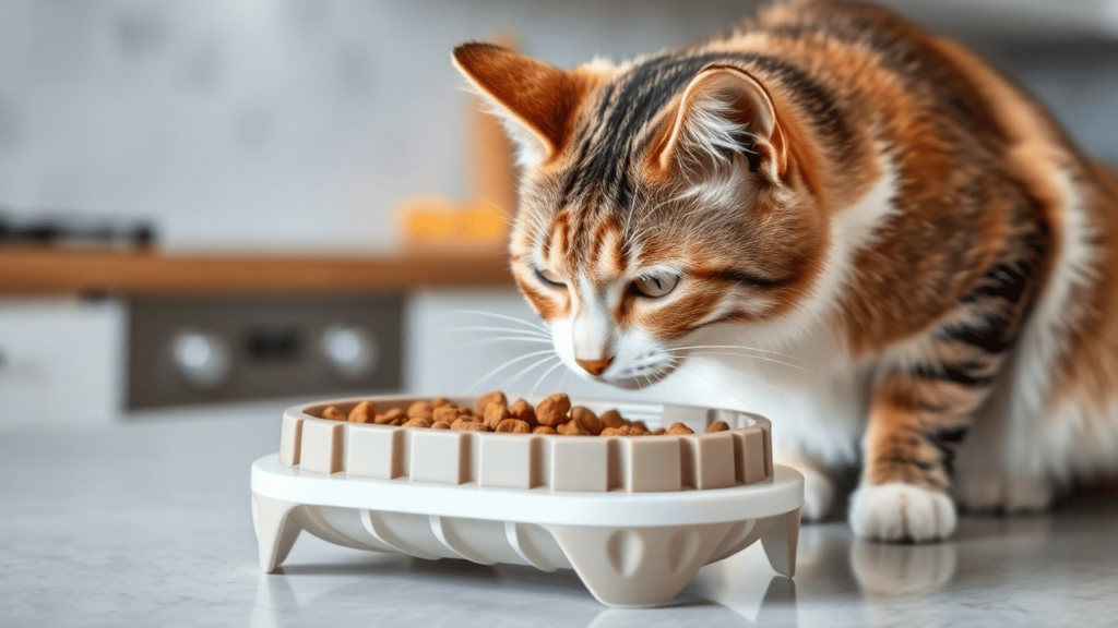 A cat eating slowly from a slow-feed bowl designed to prevent fast eating.