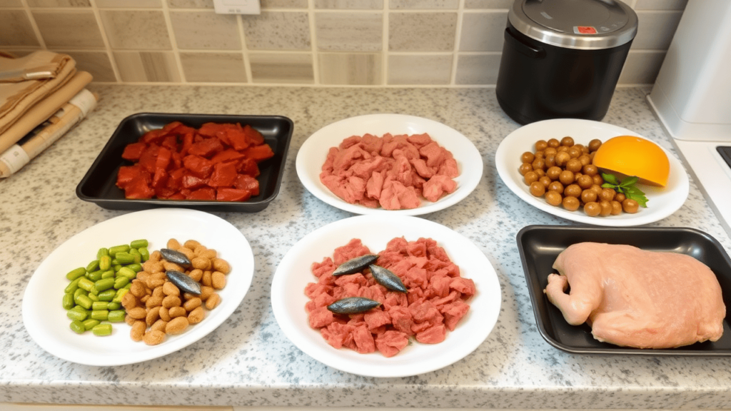 A clean kitchen counter with freshly prepared raw cat food recipes: chicken and liver mix, beef with sardines, and turkey with pumpkin.