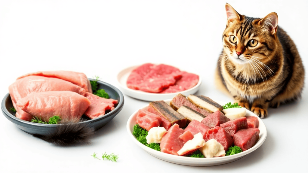 A cat sitting next to a plate of fresh, raw chicken, beef, fish, and organ meats arranged for a balanced feline meal.