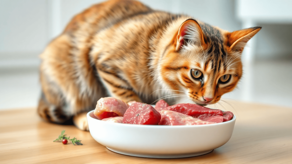 A healthy domestic cat eating a bowl of fresh, raw meat with a shiny coat and bright eyes, showing the benefits of a natural diet.