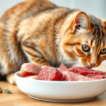 A healthy domestic cat eating a bowl of fresh, raw meat with a shiny coat and bright eyes, showing the benefits of a natural diet.